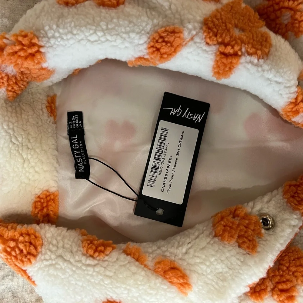 Nasty Gal Cream and Orange Floral Sherpa Vest - Picture 2 of 3